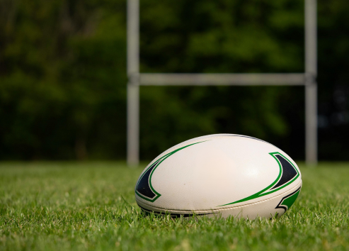 Ballon de rugby posé sur une pelouse. Des poteaux de rugby apparaissent dans le fond.